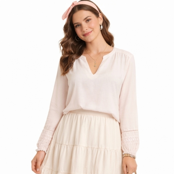 Rachel Zoe Tops - RACHEL ZOE Size Small Pink‎ Linen Cotton Balloon Sleeve Split Band V-neck Blouse